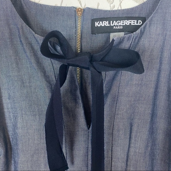 KARL LAGERFELD Sleeveless Cotton Denim & Lace Trim Dress 8 Exposed Zipper - Picture 4 of 11